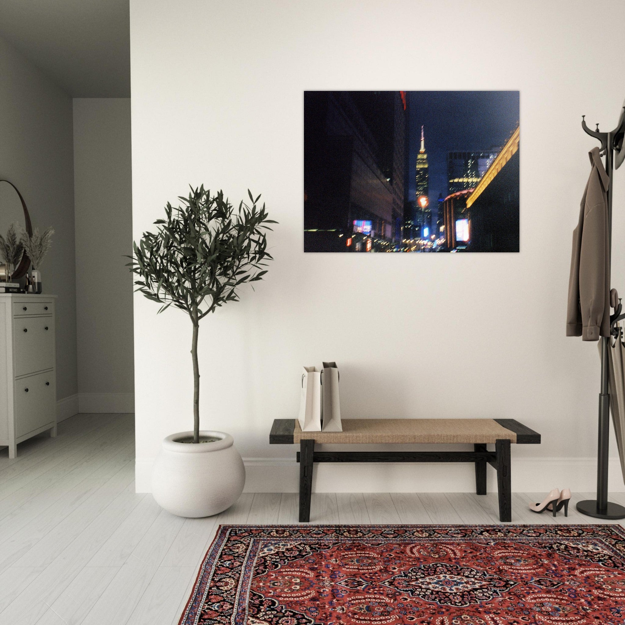 Mockup of nighttime 35mm film photograph of New York City 34th street lights with the Empire State Building in the distance.