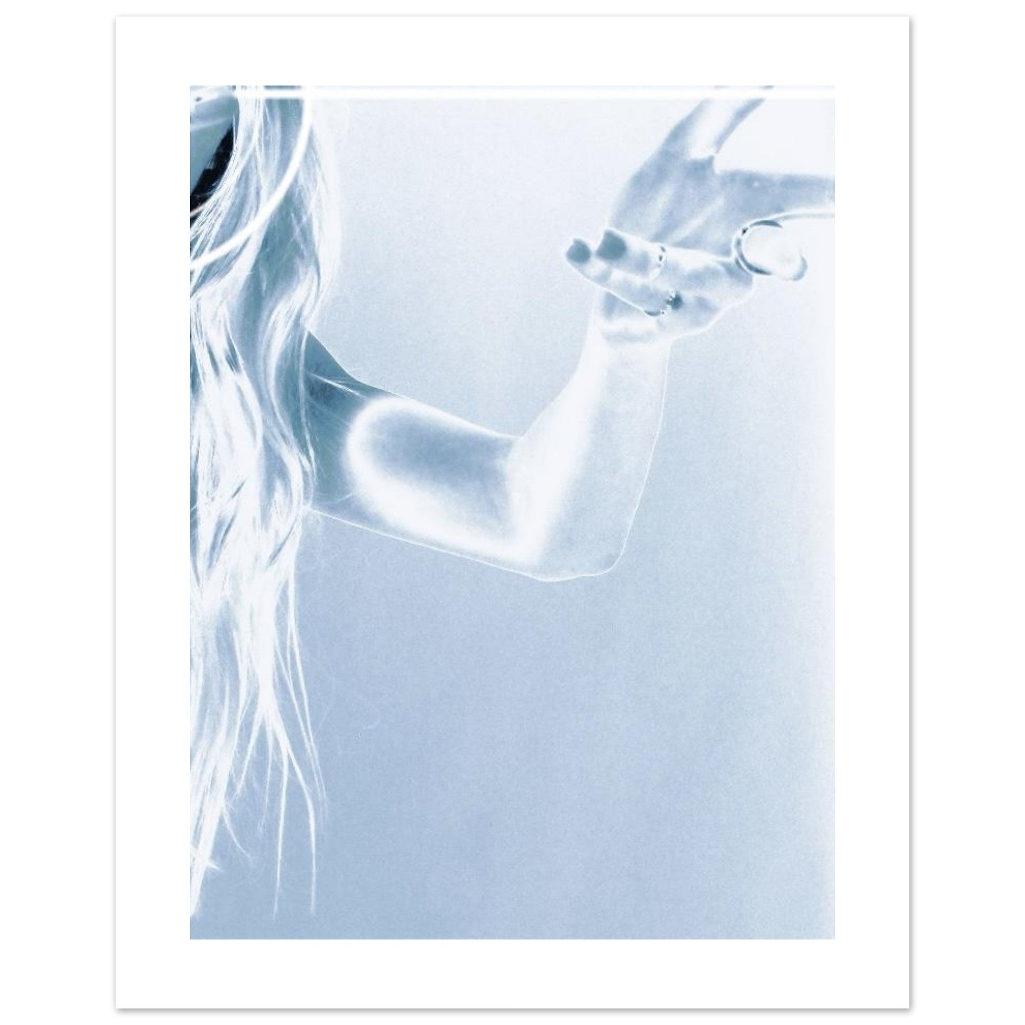 Abstract art print with blue and white colors on a light gray background