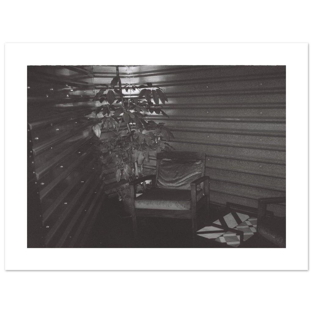 Moody black and white film photo of an empty chair inside a dimly lit room in Mexico City.