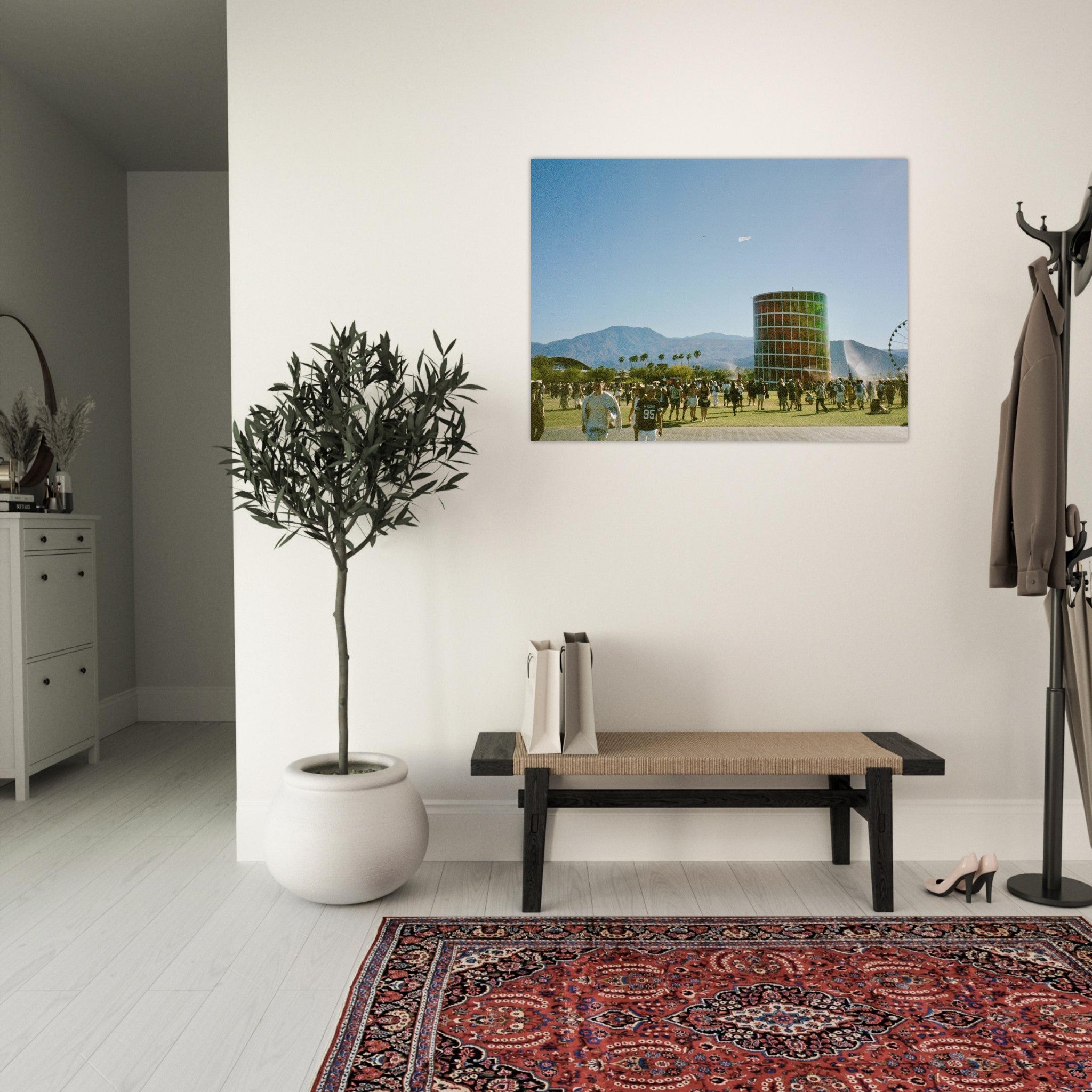 Film photograph of a sunny Coachella festival scene with palm trees and carnival structures