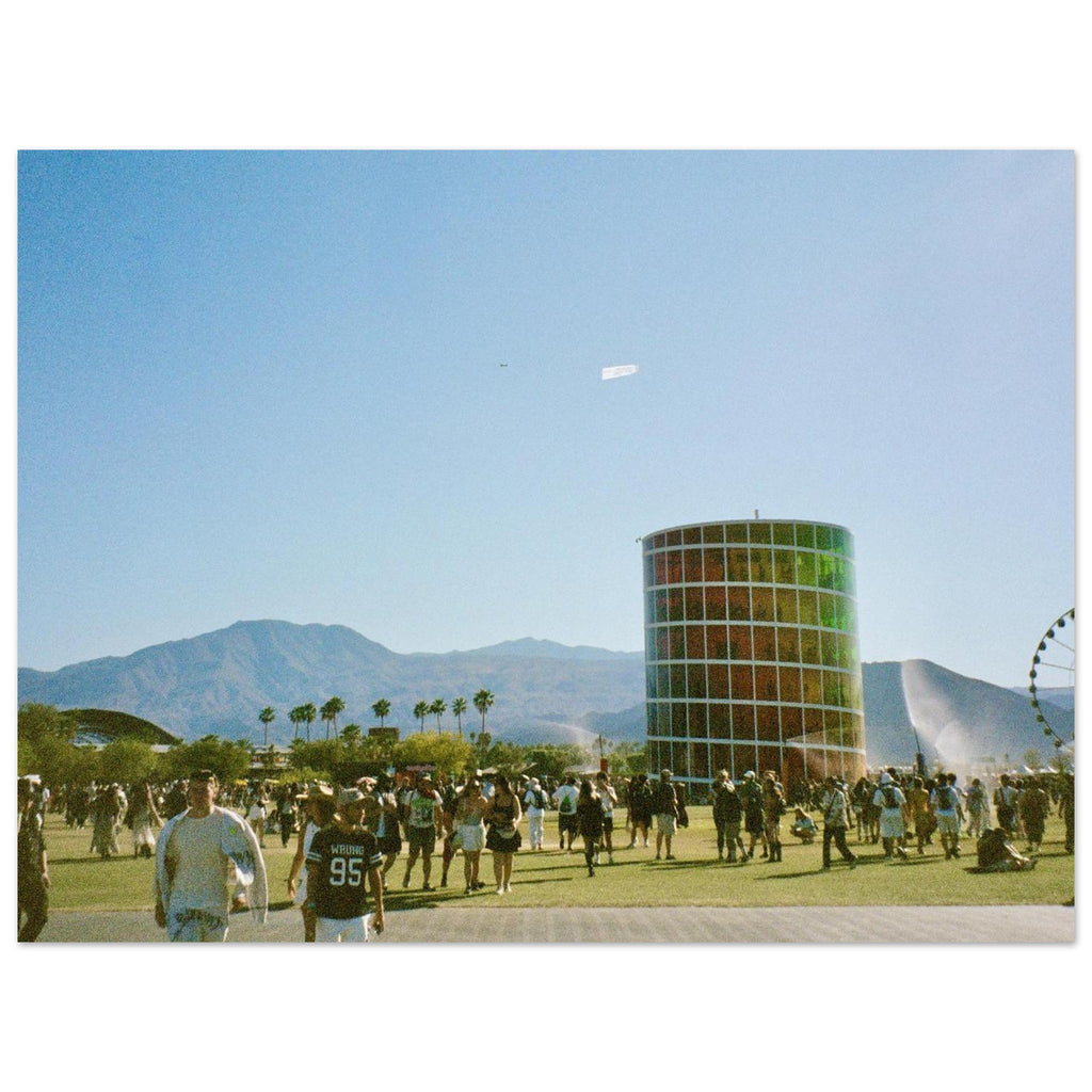 Film photograph of a sunny Coachella festival scene with palm trees and carnival structures