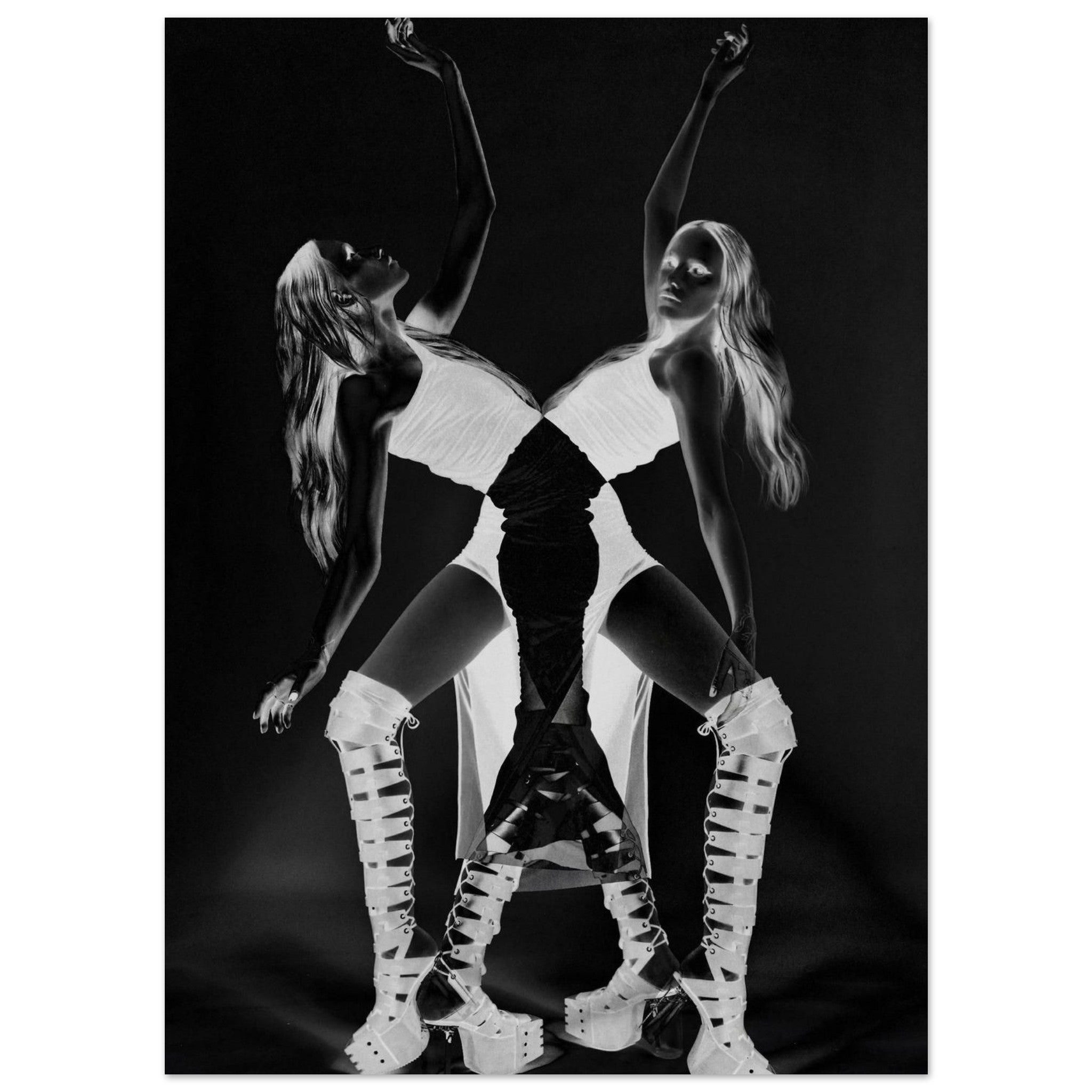 Black and white mirrored portrait of a woman in high-contrast lighting, experimental fine art