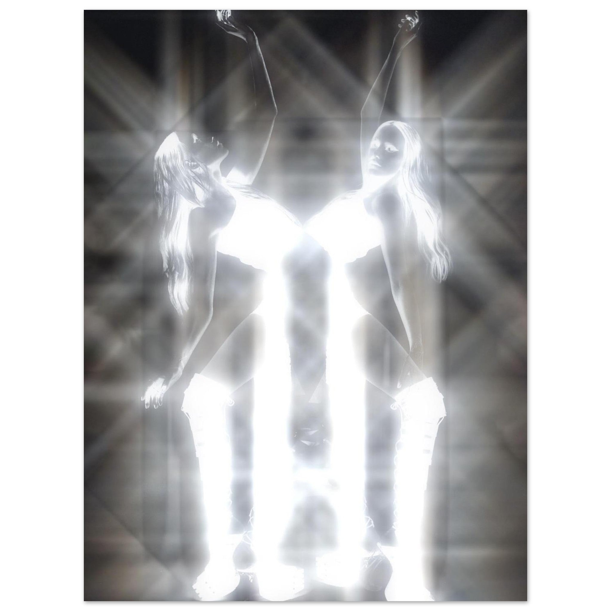 Luminous mirrored portrait of a woman in bright white light, surreal experimental photography